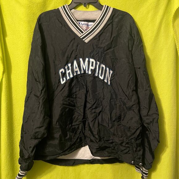 Vintage Champion Varsity Athletic Pullover Jacket Unisex Black Logo Windbreaker